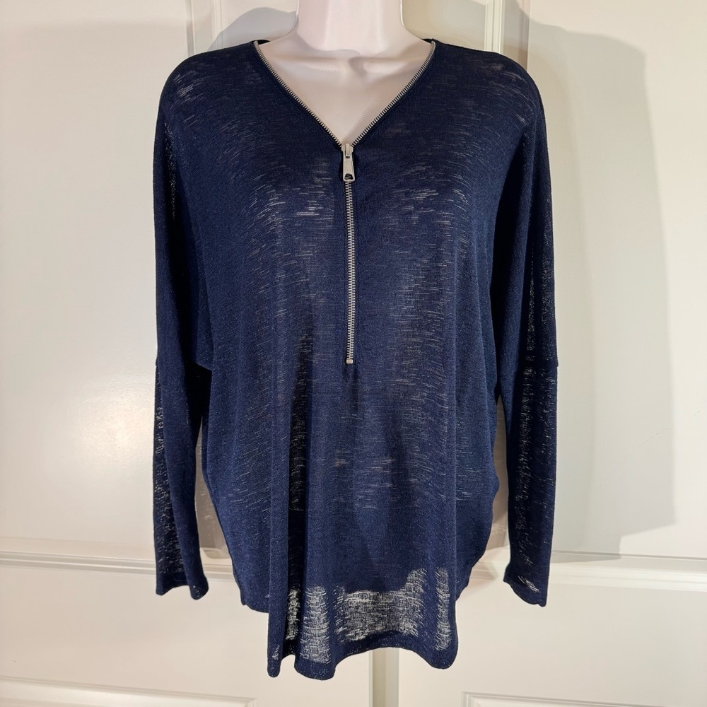 Signature Studio Semi Sheer Navy Top with Zipper Detail Small